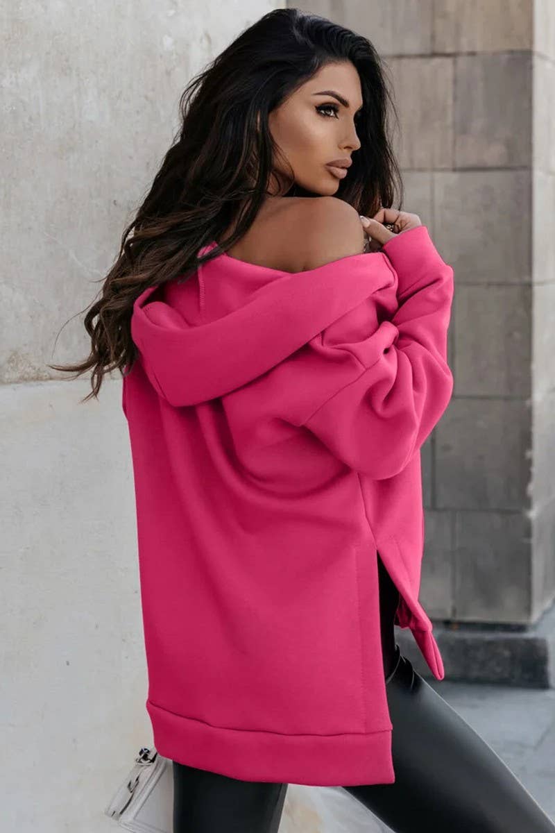 CWOCO0934_SOLID COLOR ZIPPER HOODED CARDIGAN SWEATSHIRT