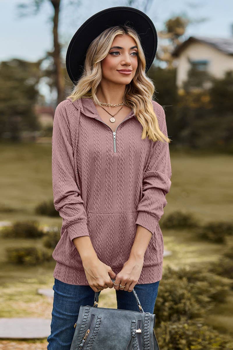 CWOHOL1094_HOODED ZIPPER LOOSE LONG SLEEVE SWEATSHIRT