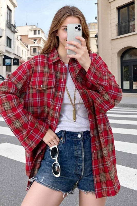 CWTBLL00631_RED PLAID LAPEL COMMUTER LONG-SLEEVED SHIRT