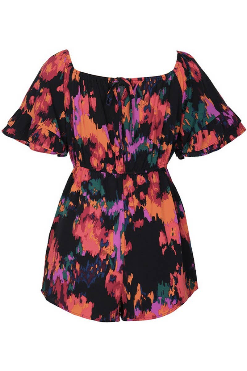 CWSJS0639_OFF THE SHOULDER RUFFLE SLEEVED SHORTS JUMPSUIT