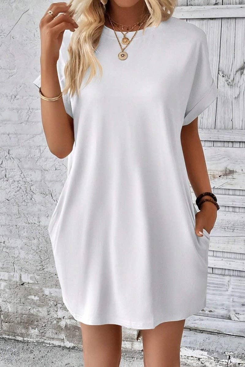 CWDSD3628_SOLID COLOR ROUND NECK LOOSE POCKET SHORT DRESS