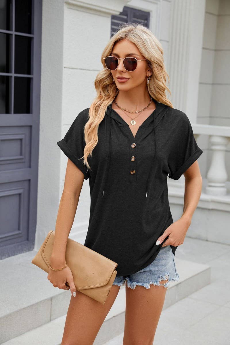 CWOHOS0016_Button Neck Short Sleeve Hoodi Knit Top