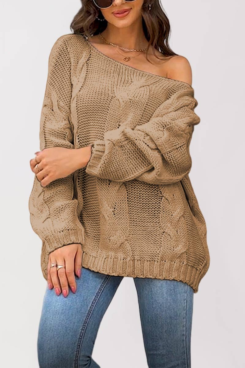 CWOSWL5853_ONE-SHOULDER LONG-SLEEVED PULLOVER SWEATER