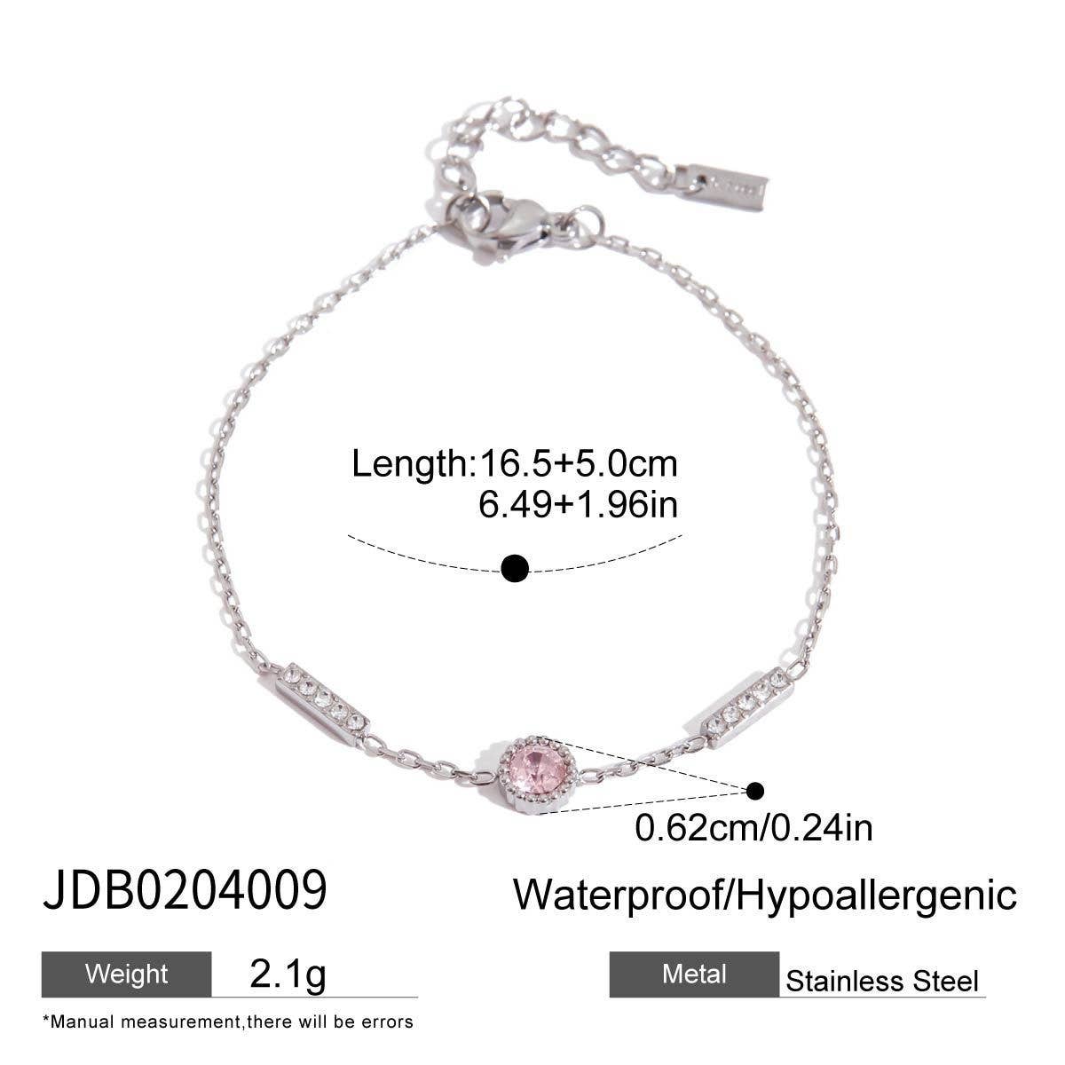 18K Gold Pink Zircon Round Chain Bracelet, Steel_CWAJE4678