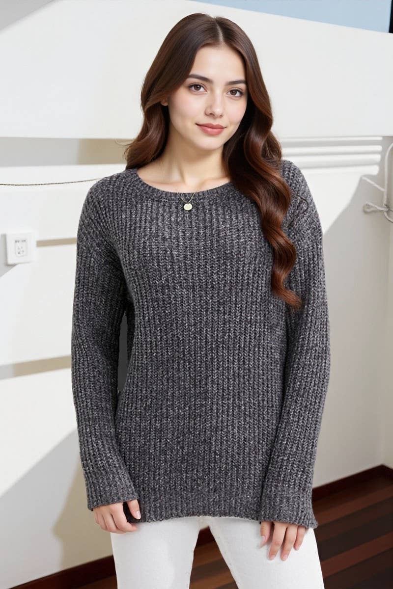 CWOSWL07669_SOLID COLOR ROUND NECK LOOSE PULLOVER SWEATER