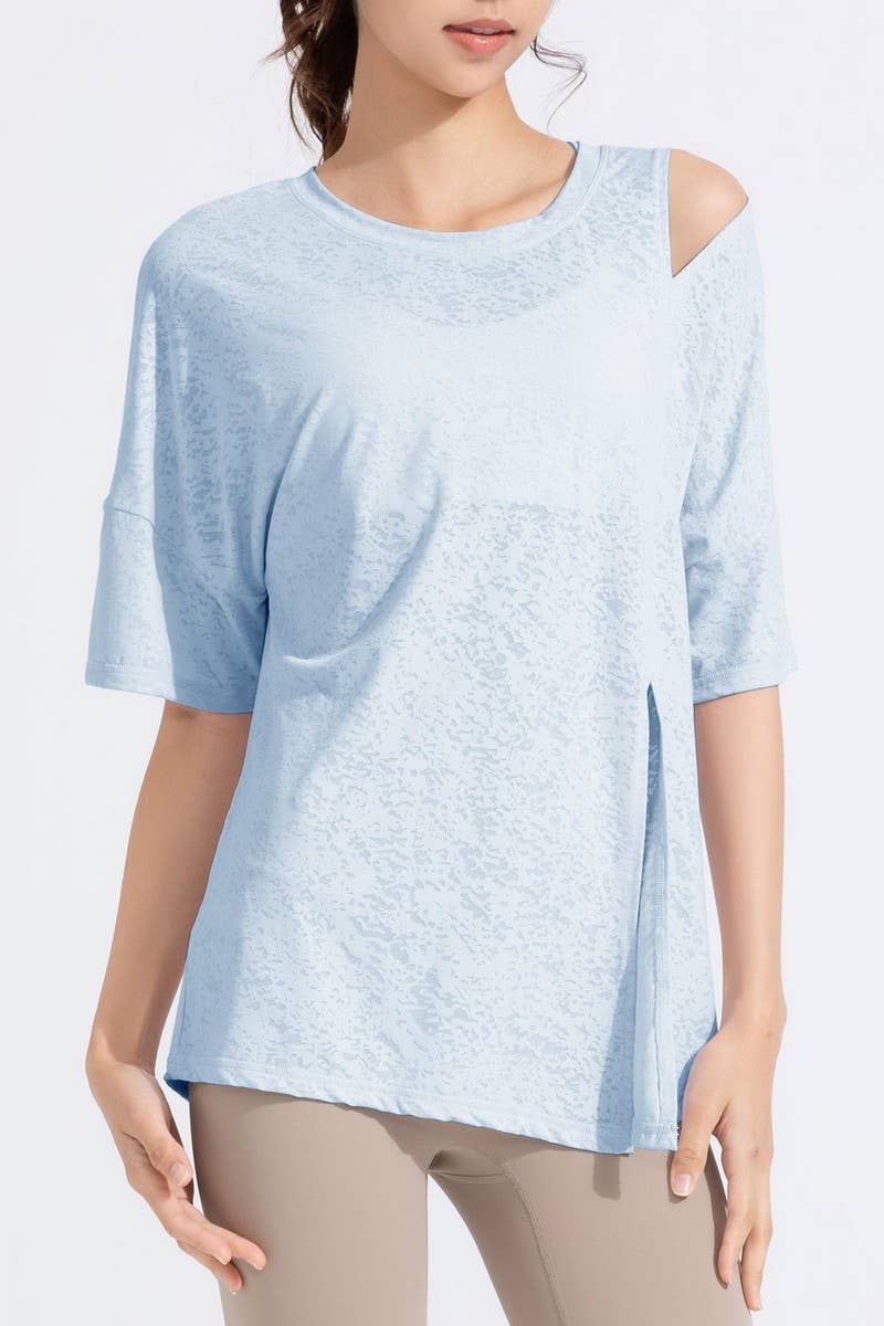 CWTBLS1470_JACQUARD CUTOUT SHORT SLEEVE RUNNING TOP