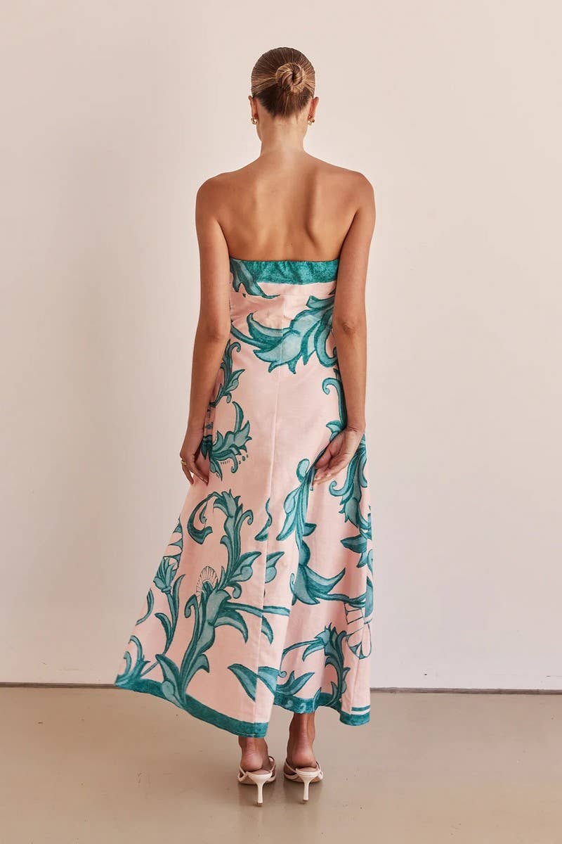 CWDTD0442_STRAPLESS FLORAL PRINT FITTED MAXI DRESS