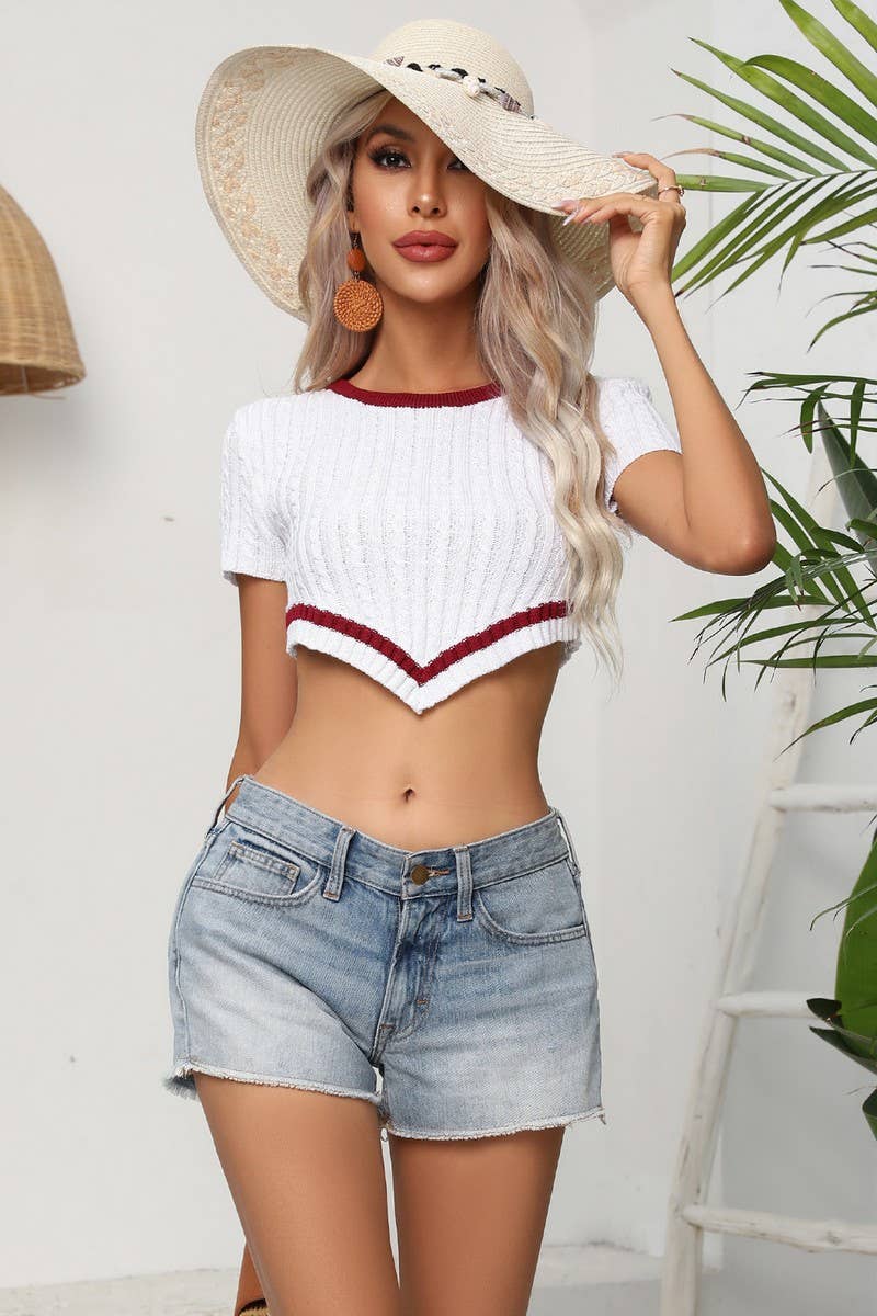 CWOSWS0063_Round Neck Short Sleeve Crop Top Sweater