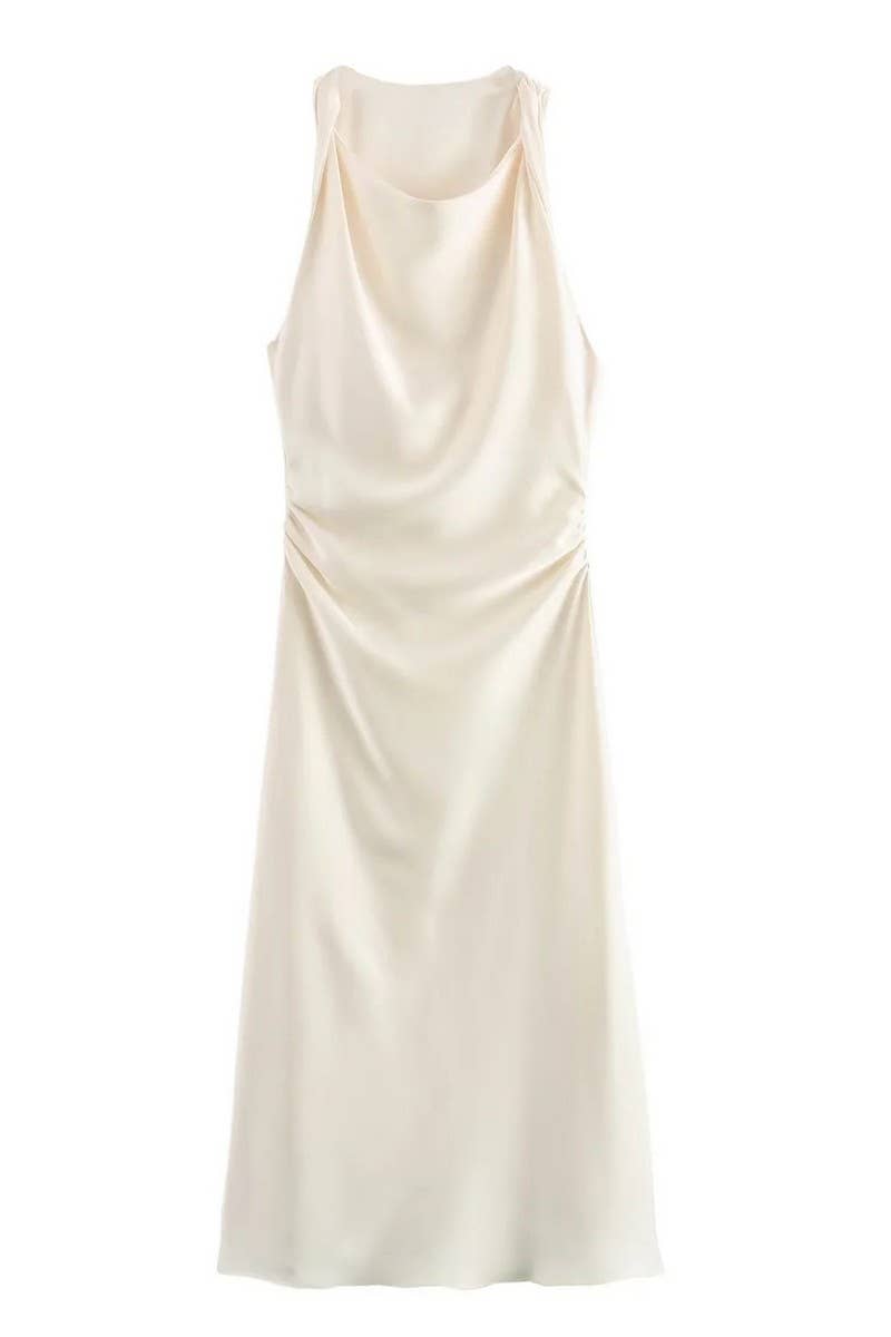 CWDMD4173_ROUND NECK SLEEVELESS BLACK SATIN DRESS