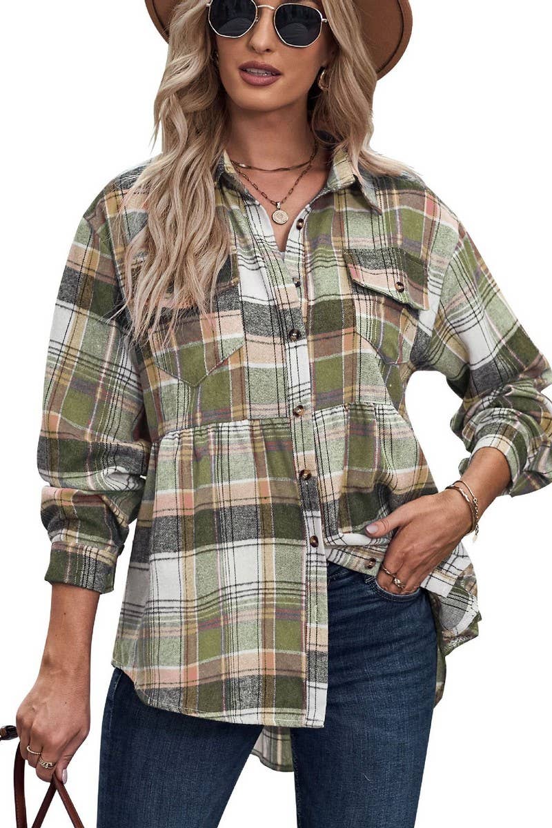 CWTSTL2484_LAPEL LONG SLEEVE POCKET CASUAL PLAID SHIRT