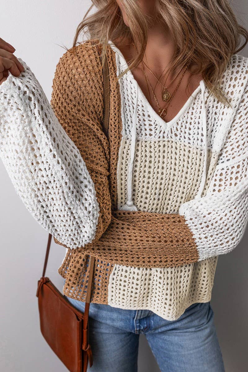 CWOSWL07429_V NECK COLORBLOCK HOLLOW OUT KNIT SWEATER