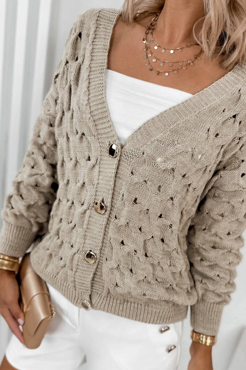 CWOCAL00707_LIGHTWEIGHT VINTAGE V NECK HOLLOW OUT CARDIGAN