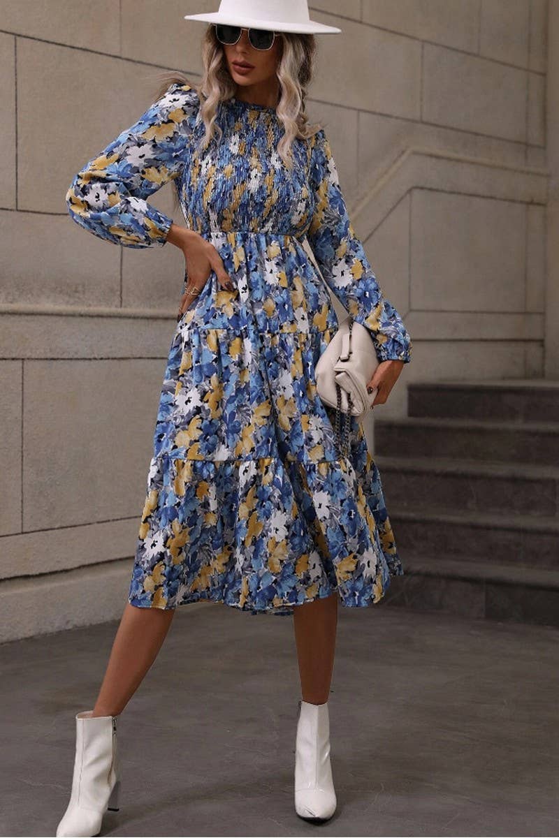 CWDMD4099_PRINTED PLEATED LONG SLEEVE CAKE DRESS