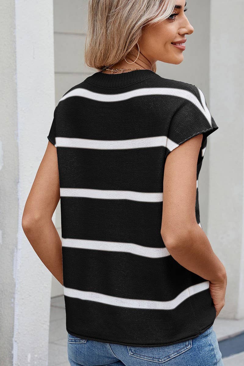 CWTBLS02499_STRIPED CREW NECK SLEEVELESS KNIT TANK