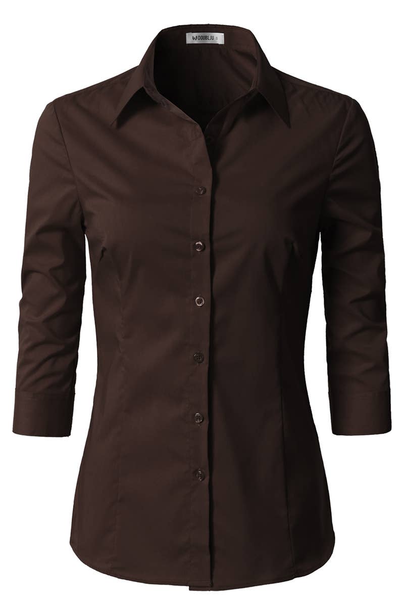 CWTSTS116_Basic Slim Fit Simple 3/4 Sleeve Button Down Shirt