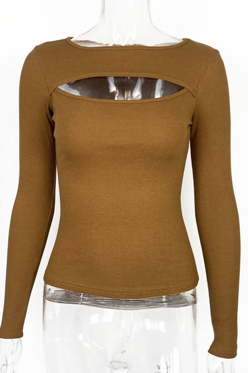 CWTBLL3780_RIBBED CUTOUT SLIM FIT LONG SLEEVE TOP