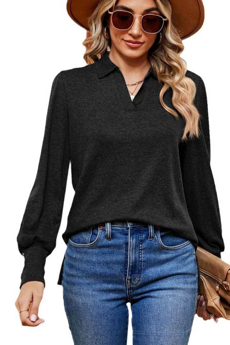 CWTBLL2398_SOLID COLOR POLO NECK LONG SLEEVE BUTTON PULLOVER