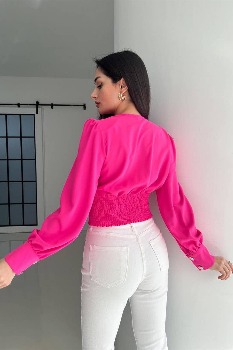 CWTBLL3693_V-NECK SEXY WAIST PUFF SLEEVE SOLID COLOR SHIRT