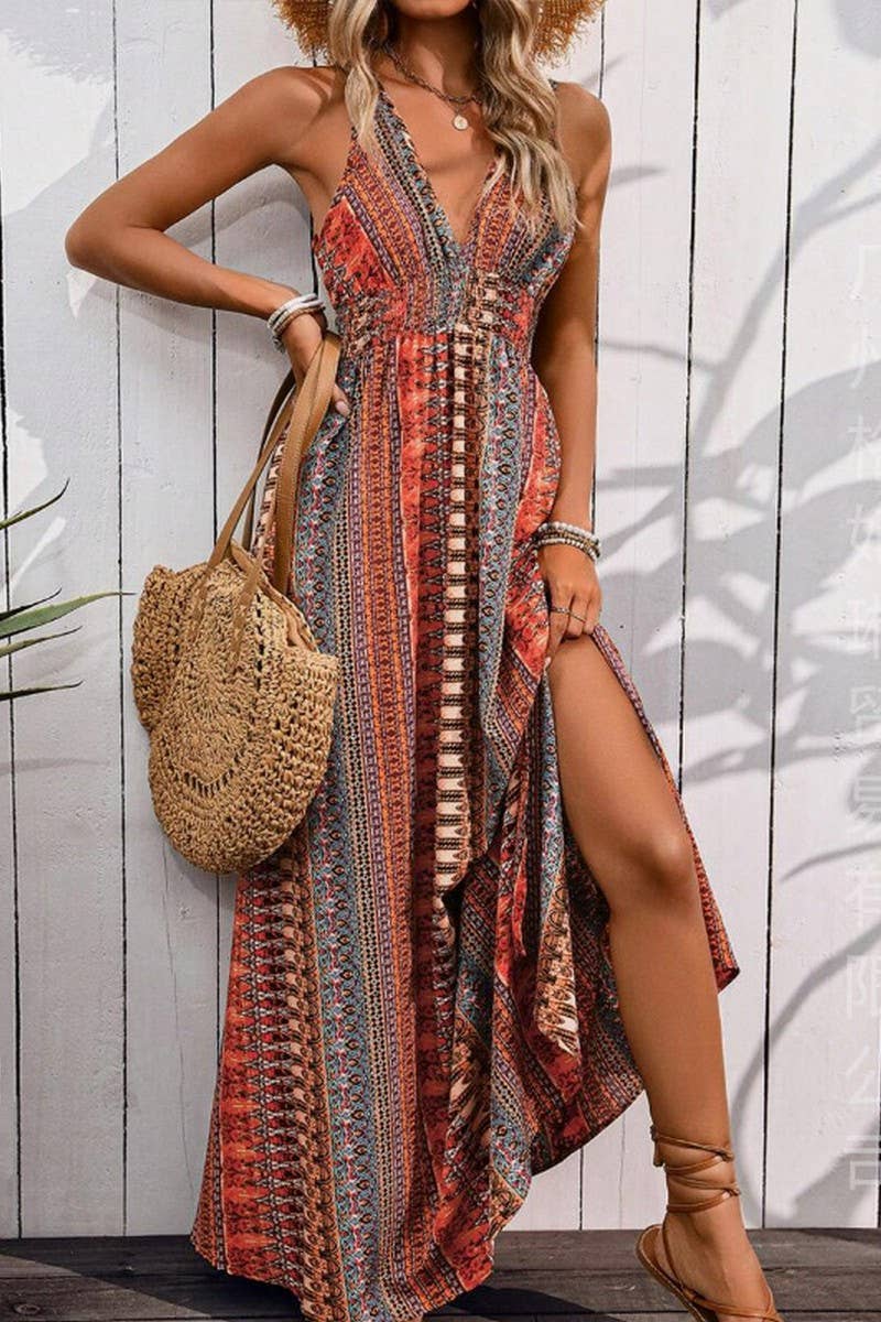 CWDHL0947_SUMMER V-NECK BOHEMIAN LONG DRESS