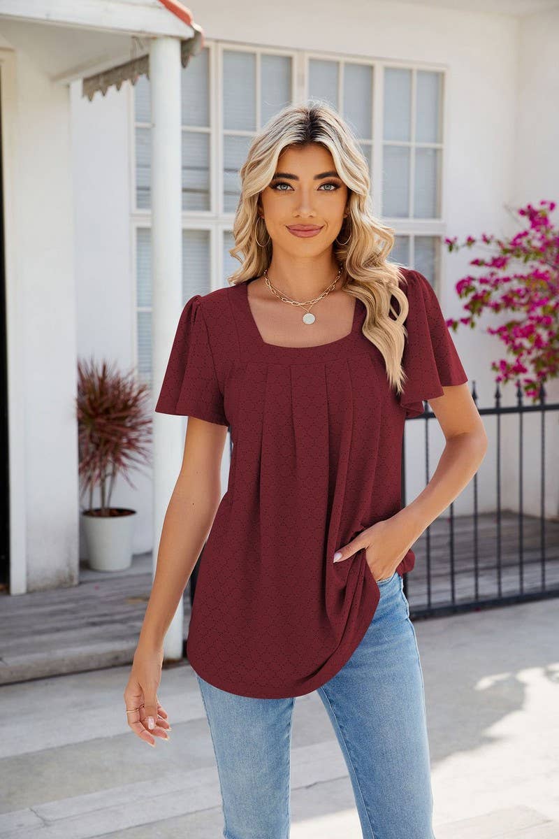 CWTTS0813_Squre Neck Short Ruffle Sleeve Knit Top