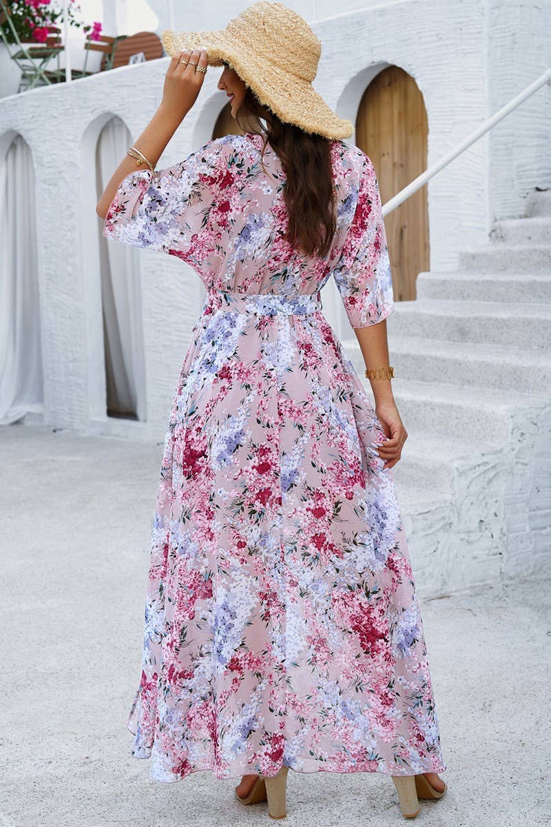 CWDMD0997_Deep V-Neck Wrap Short Sleeve Floral Print Dresses