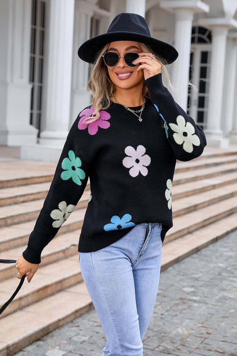 CWOSWL3074_FLORAL COLORBLOCK CASUAL CREWNECK SWEATER