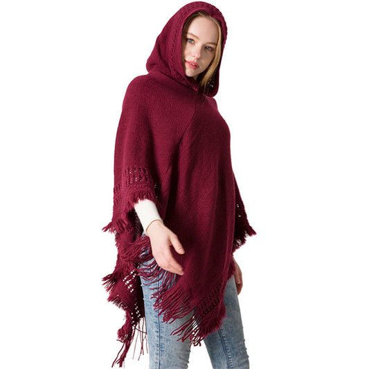WOMEN SOFT PULLOVER PONCHO SWEATER CAPE WITH HOOD