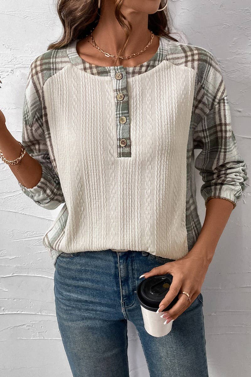 CWTBLL2029_PLAID PANEL LONG-SLEEVED ROUND NECK T-SHIRT