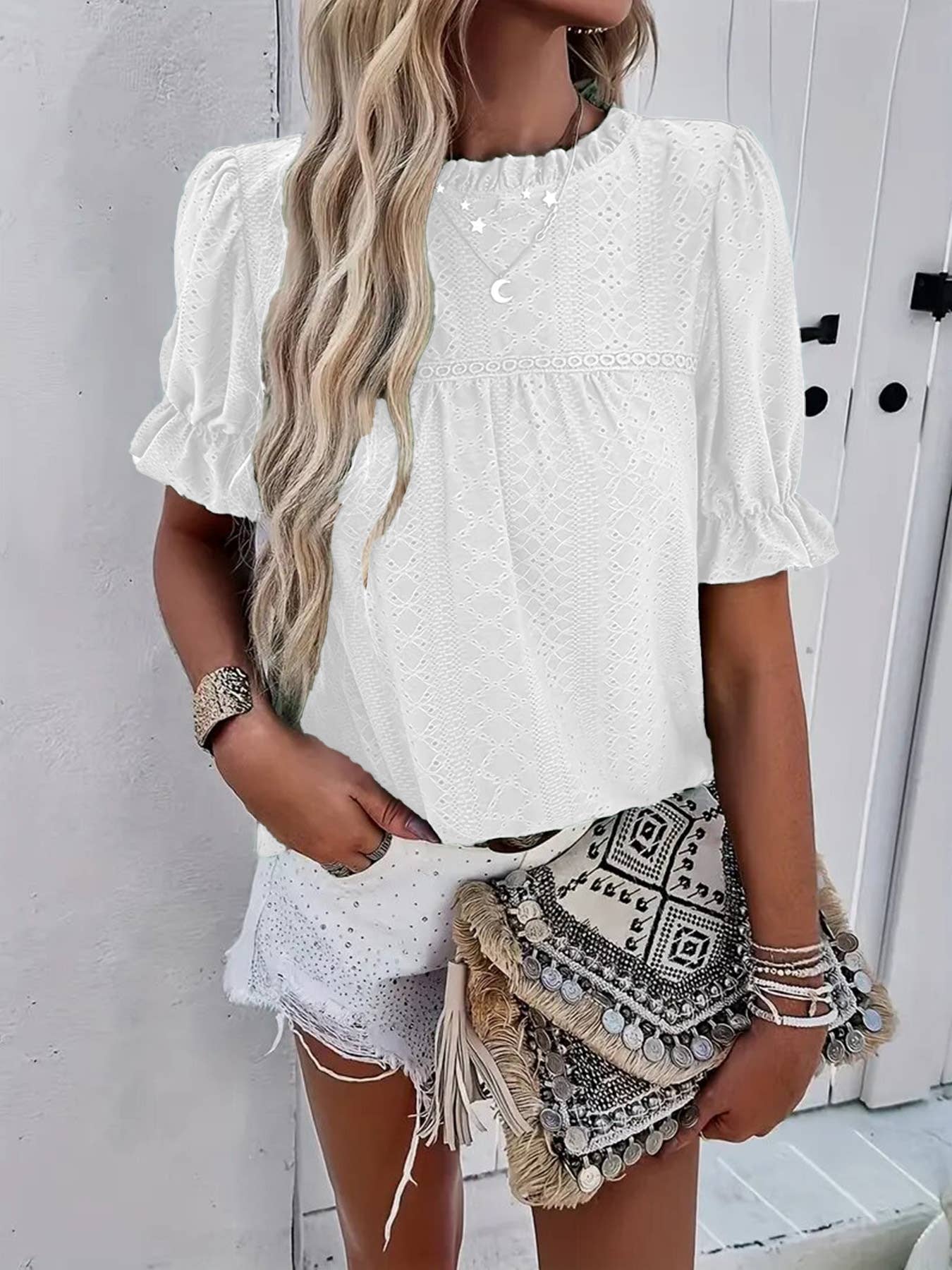 Fashionable printed ruffled sleeve wavy neck top