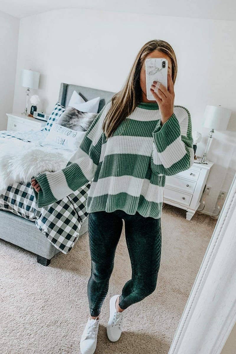 CWOSWL5734_STRIPED LOOSE CREW NECK LONG SLEEVE SWEATER TOP