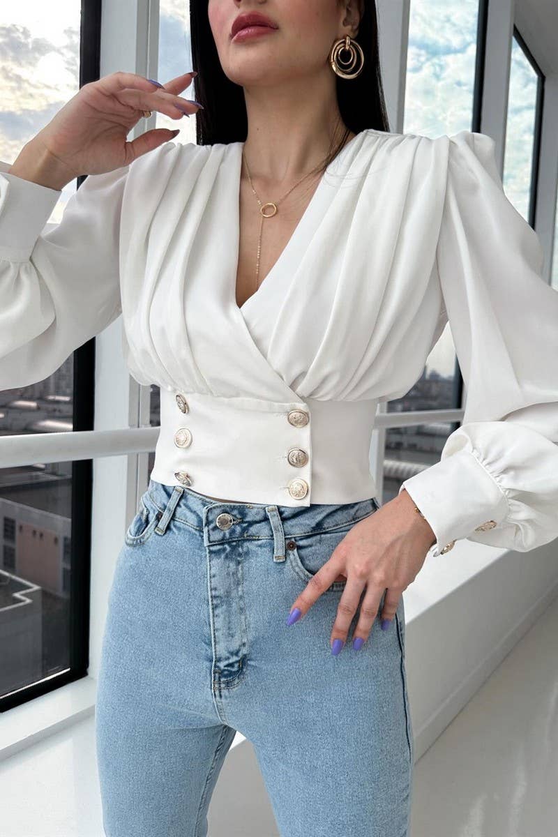 CWTBLL3693_V-NECK SEXY WAIST PUFF SLEEVE SOLID COLOR SHIRT