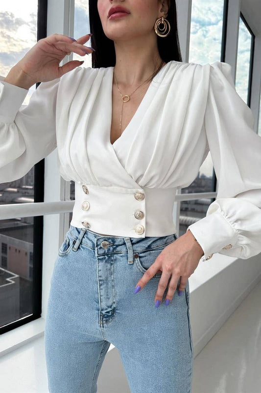 CWTBLL3693_V-NECK SEXY WAIST PUFF SLEEVE SOLID COLOR SHIRT