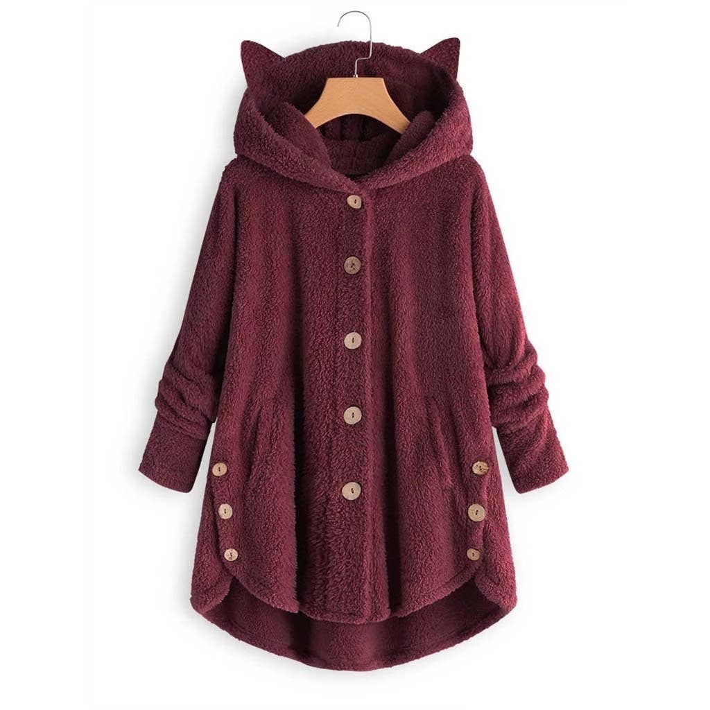BUTTON-UP HOODED CAT EARS PLUSH SOLID COAT