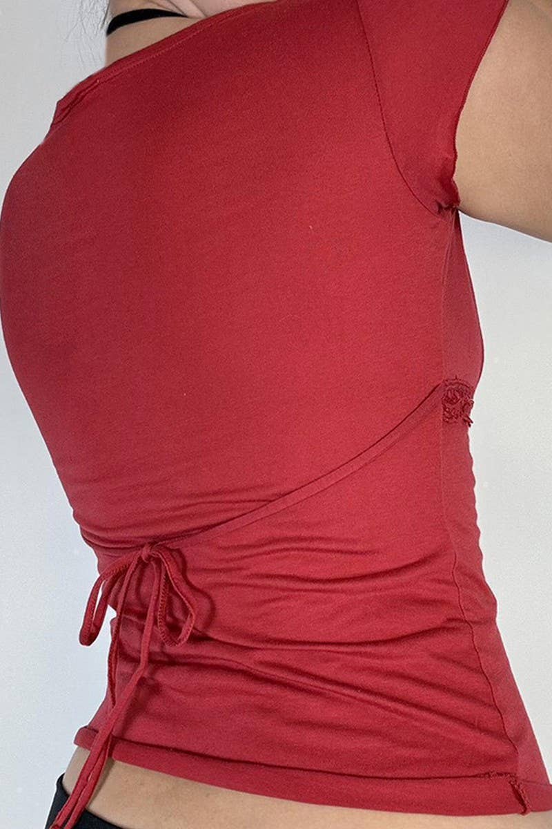 CWTBLS1929_LACE TRIM DEEP V SHORT SLEEVE SEXY TEE TOP