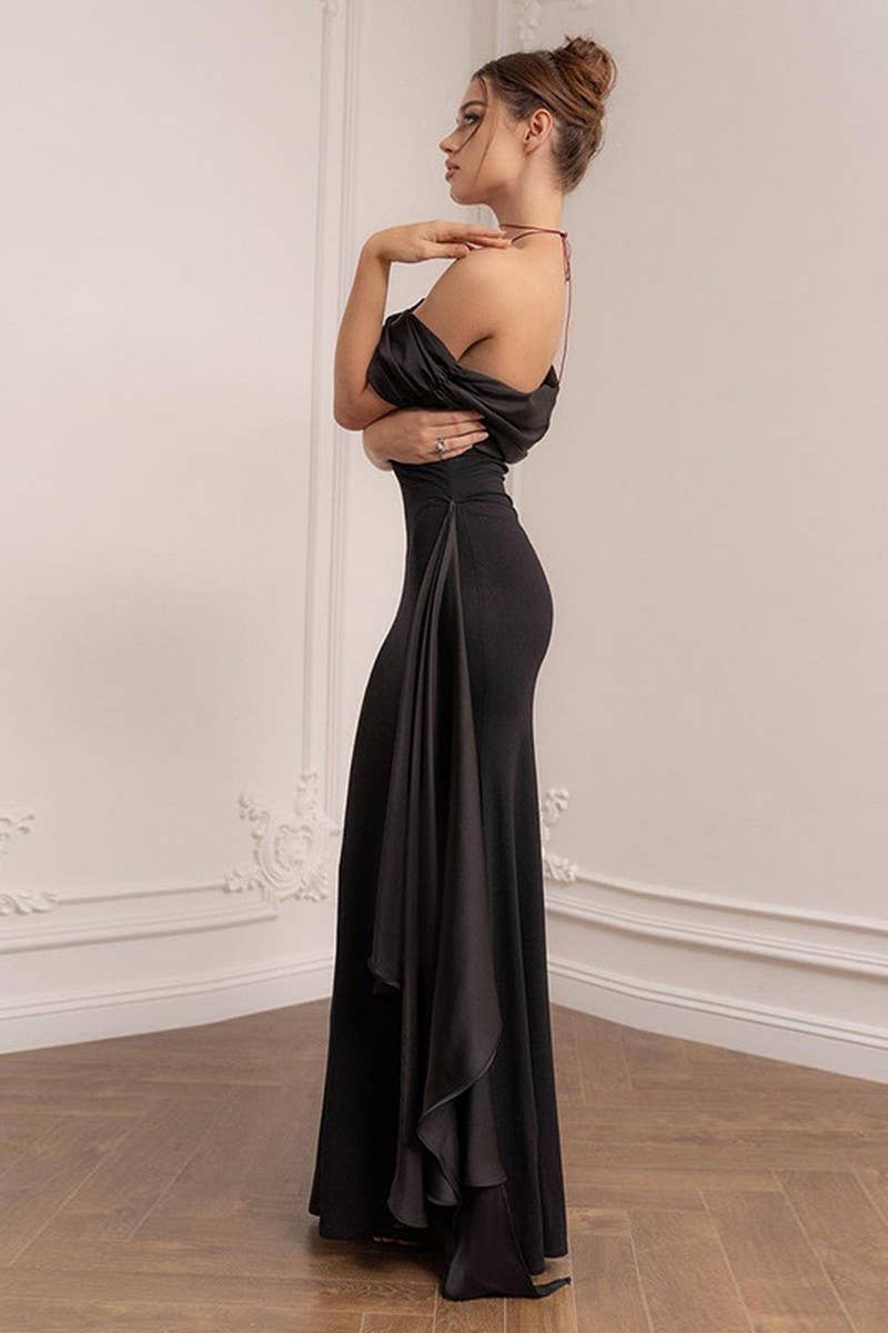 CWDMD4240_ONE-SHOULDER MESH RIBBON ELEGANT BLACK DRESS