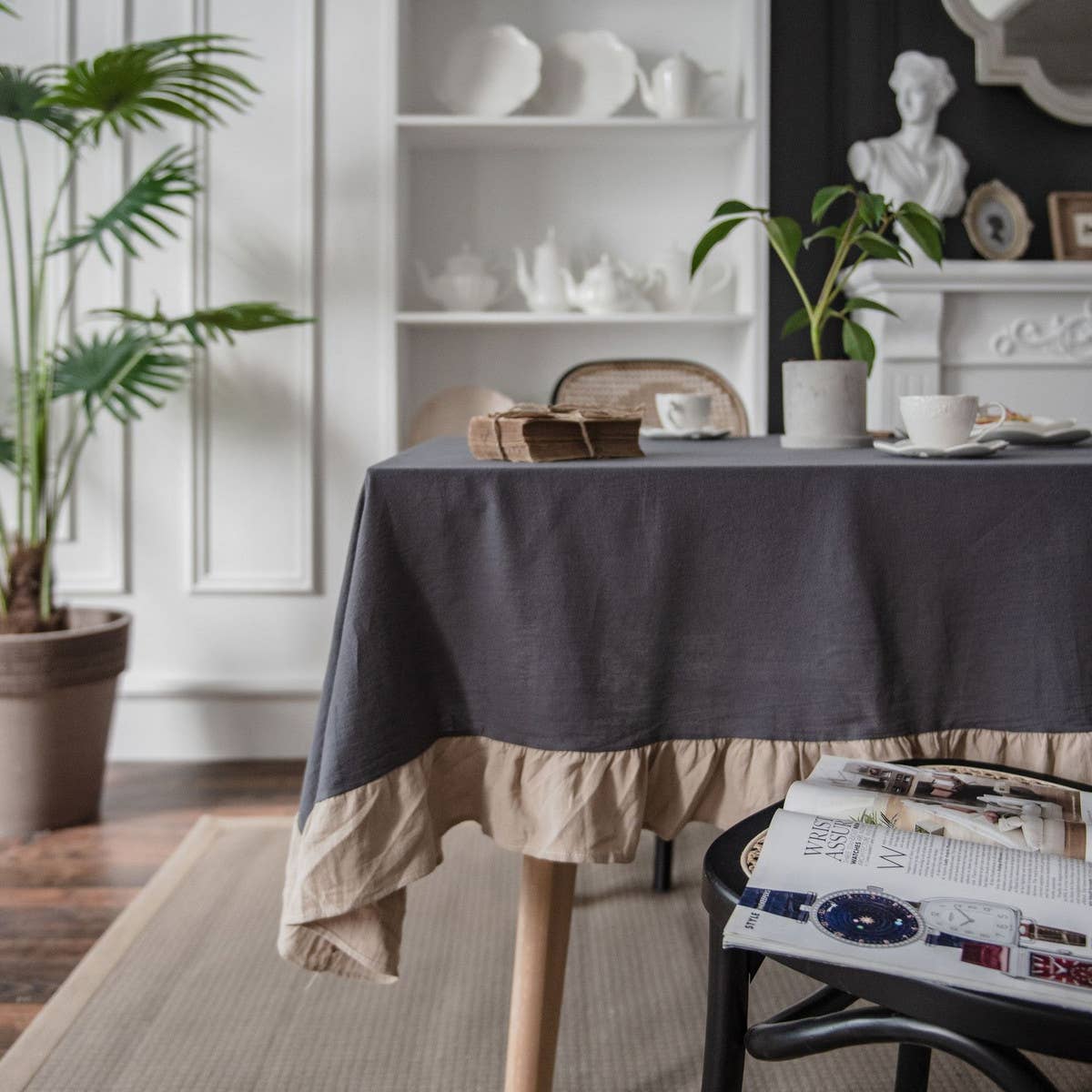 HOME PLAIN RUFFLED POLYESTER AND LINEN TABLECLOTH