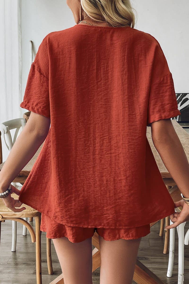 CWSTB1834_CASUAL TIE FRONT BLOUSE AND SHORTS SET