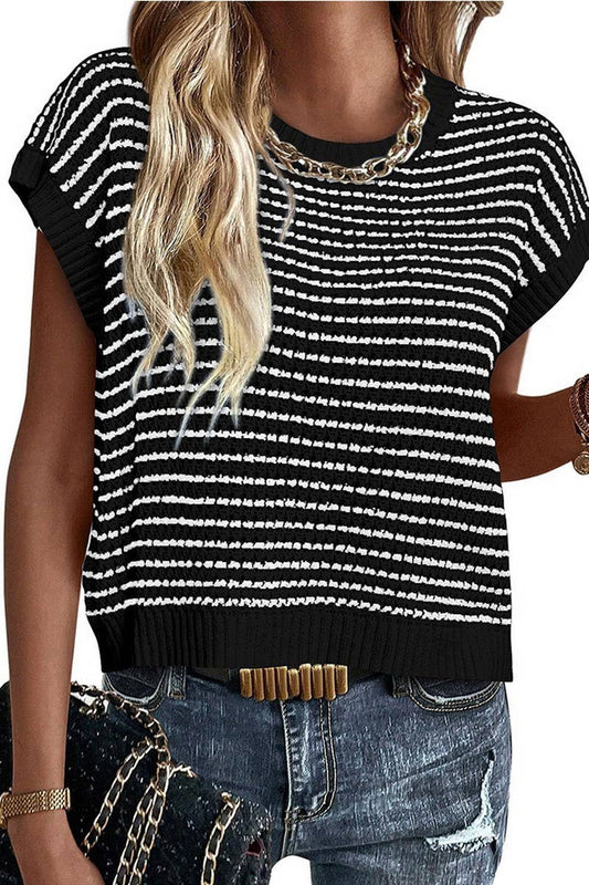 CWTTS1364_SUMMER CREW NECK CASUAL STRIPED KNITTED TOP
