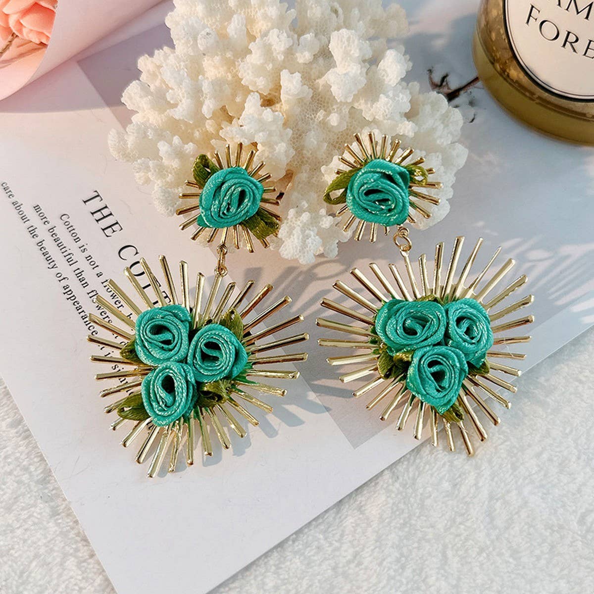 Handmade Fabric Flower Heart Earrings for Women