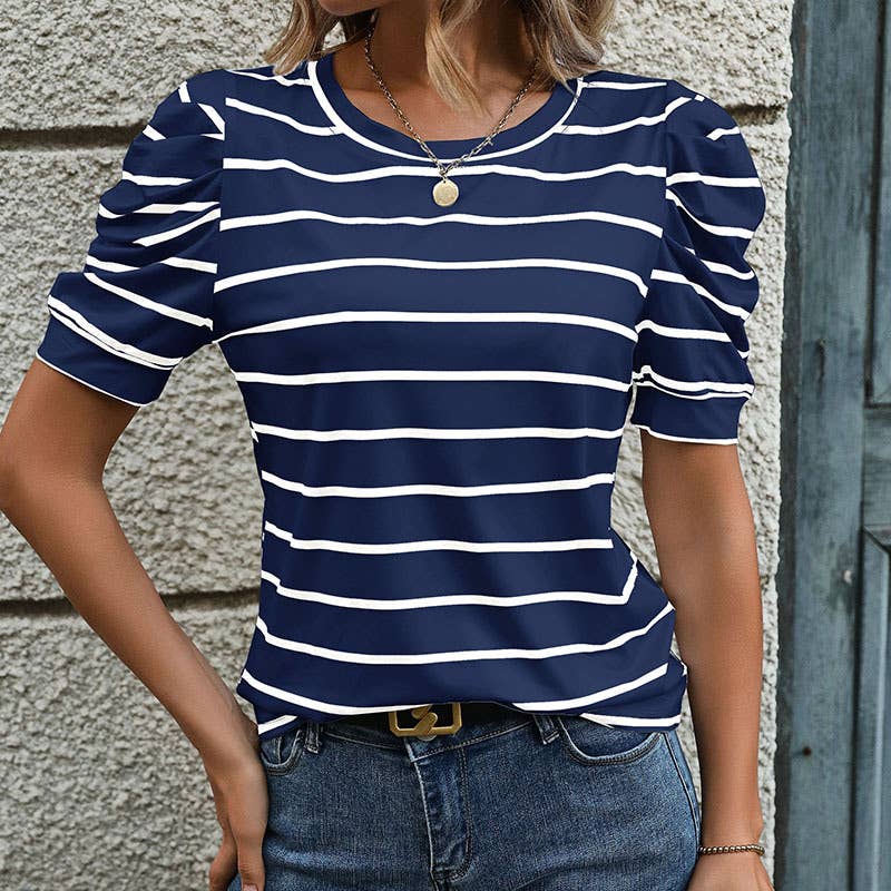 Casual Lamb Leg Sleeve Striped Crewneck T-Shirt