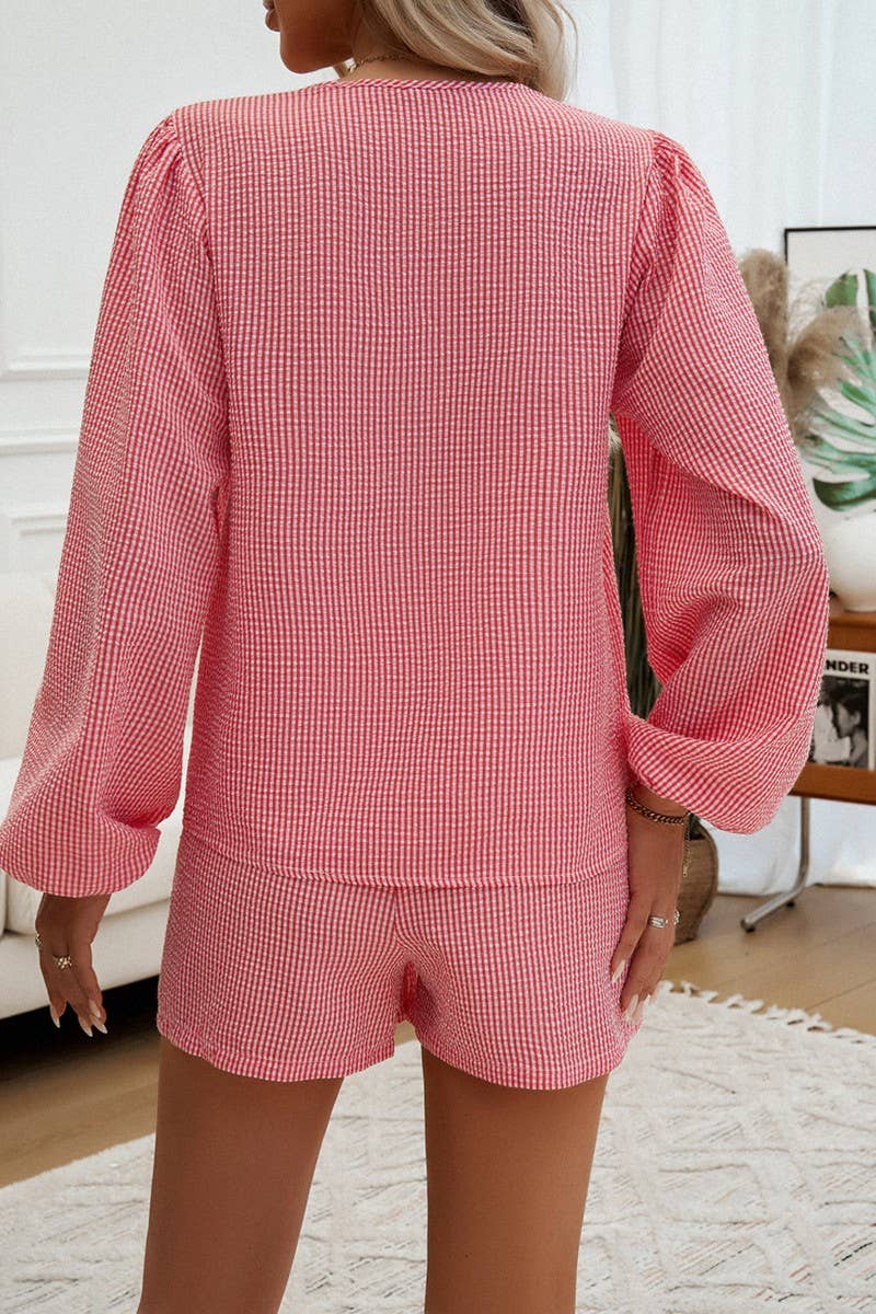 CWSTB0996_PLAID LACE-UP LONG SLEEVE CARDIGAN SHORTS SET