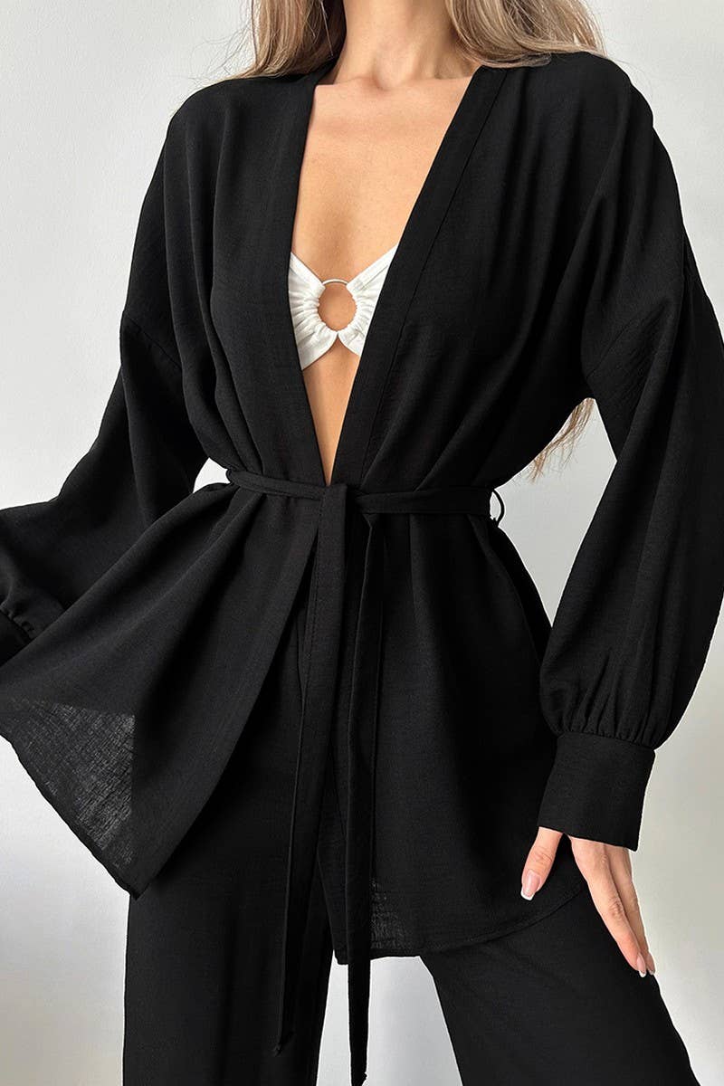 CWSPJ0330_DOUBLE CREPE CARDIGAN LACE-UP LOUNGEWEAR SET