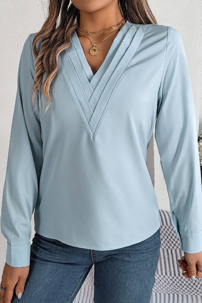 CWTBLL2646_AUTUMN SOLID COLOR V-NECK LONG SLEEVE SHIRT TOP