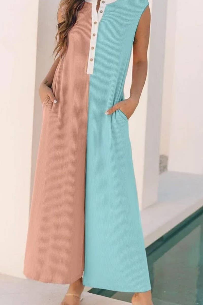 CWSJS1694_COLORBLOCK SLEEVELESS LOOSE FIT CASUAL JUMPSUIT