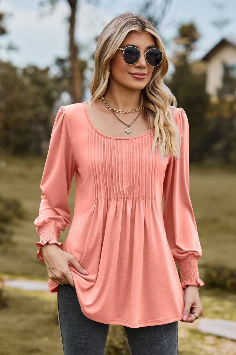 CWTBLL3687_NEW AUTUMN SOLID COLOR ROUND NECK DRAW CUFFS TOP