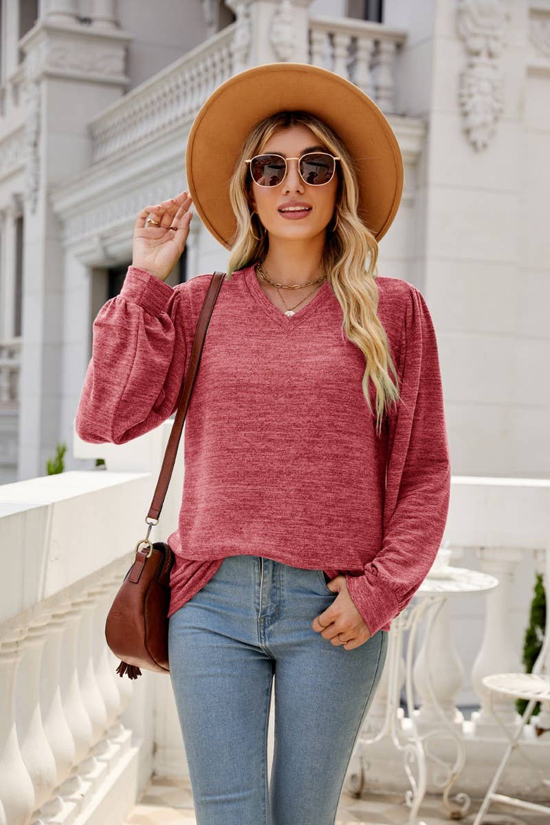 CWTBLL3691_CASUAL PUFF SLEEVE V-NECK BOTTOMING SHIRT