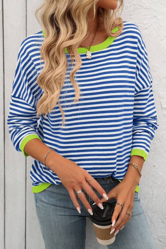CWTBLL1486_CREW NECK STRIPED CONTRAST KNIT SWEATER