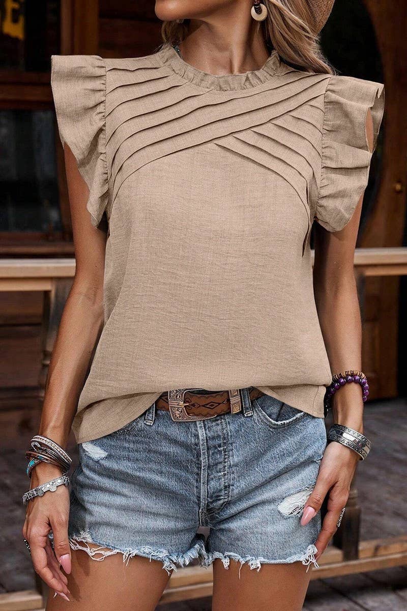 CWTBLSL0634_RUFFLE SLEEVE PLEATED SHORT SLEEVE TOP