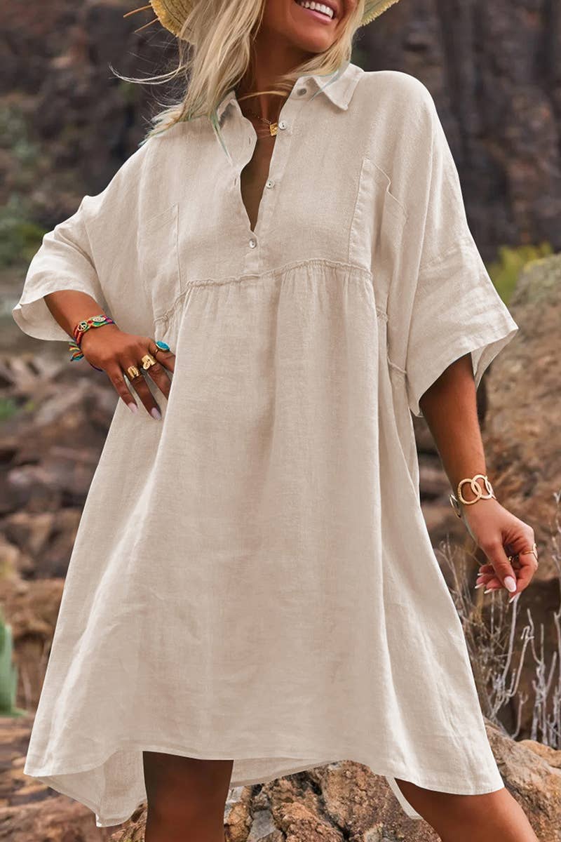 CWDSD8007_LOOSE SOLID COLOR CASUAL BUTTON FASHION DRESS