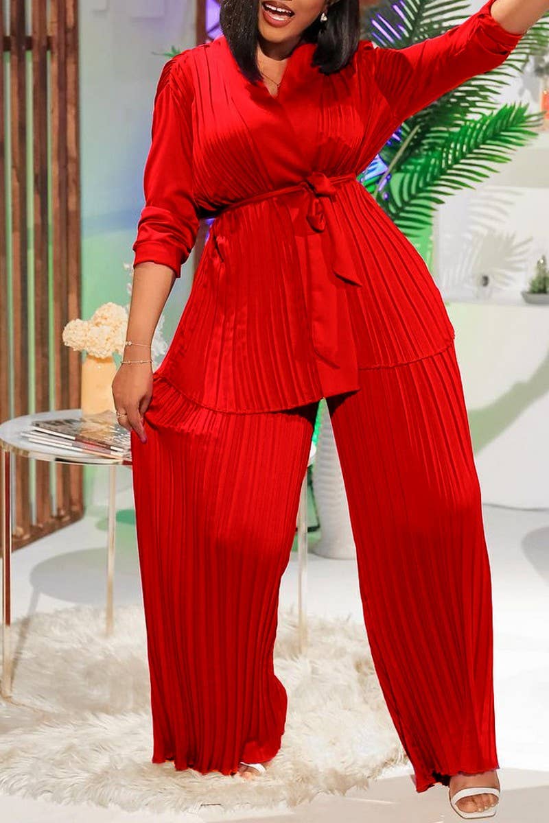 CWSTB0523_PLUS SIZE  LACE UP SHIRT  TROUSERS TWO-PIECE SET